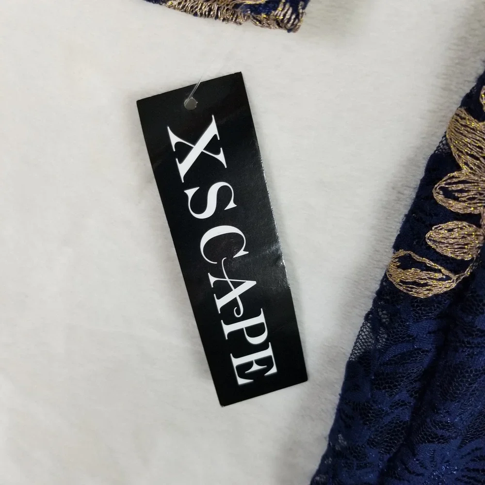 XSCAPE Sheath Dress Women 8P Navy Gold Floral Lace Embroidered Long Sleeve 163XP